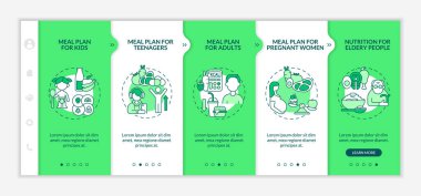 Farklı yaş grupları için beslenme planı vektör şablonunda. Simgeli ilgili mobil web sitesi. Web sayfasında 5 basamaklı ekranlar. Çocuklar için yemekler, yetişkinler için doğrusal resimli renk kavramı