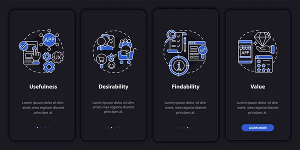 Usabilidad Onboarding Pantalla Página Aplicación Móvil Utilidad Capacidad Encontrar Caminata — Archivo Imágenes Vectoriales