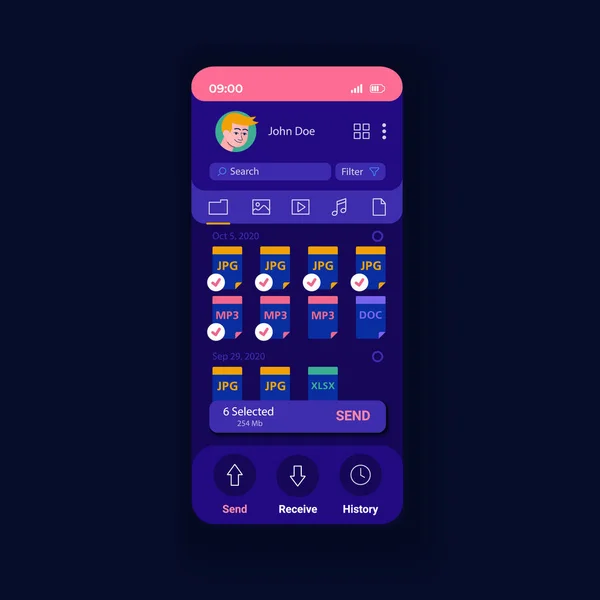 Aplicación Para Compartir Datos Noche Smartphone Interfaz Vector Plantilla Diseño — Vector de stock