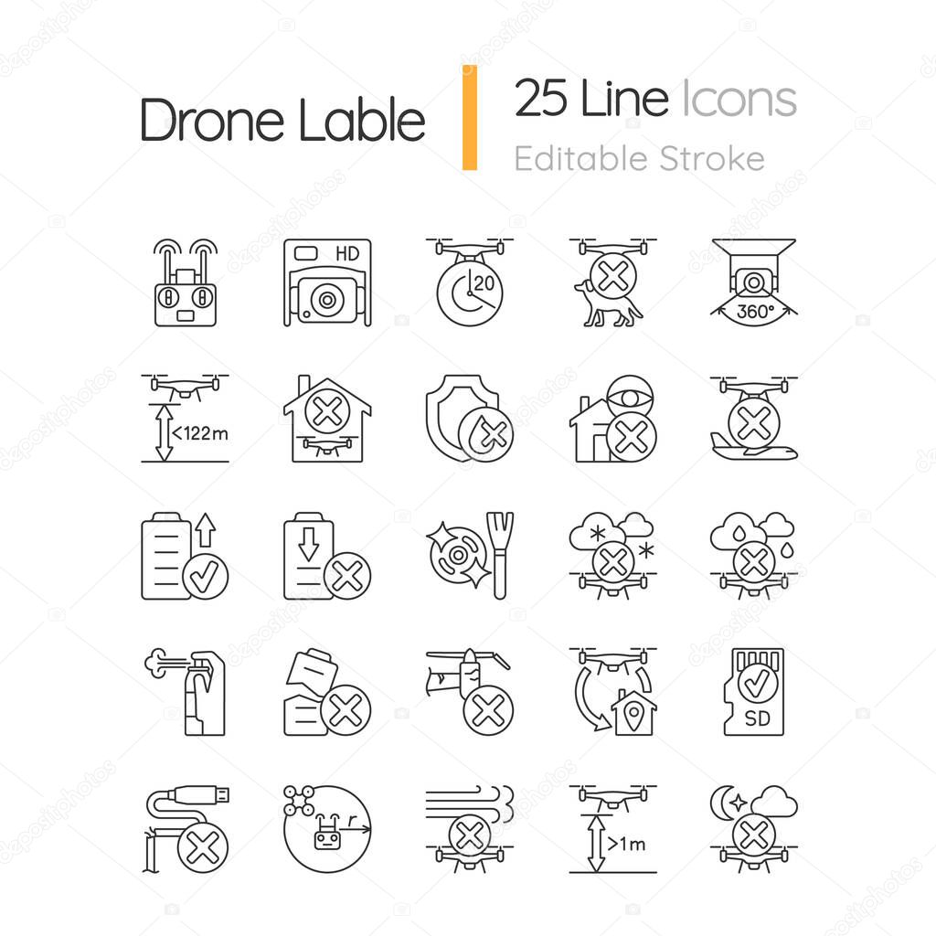 Drone usage linear manual label icons set. Drone flight restriction. Customizable thin line contour symbols. Isolated vector outline illustrations for product use instructions. Editable stroke