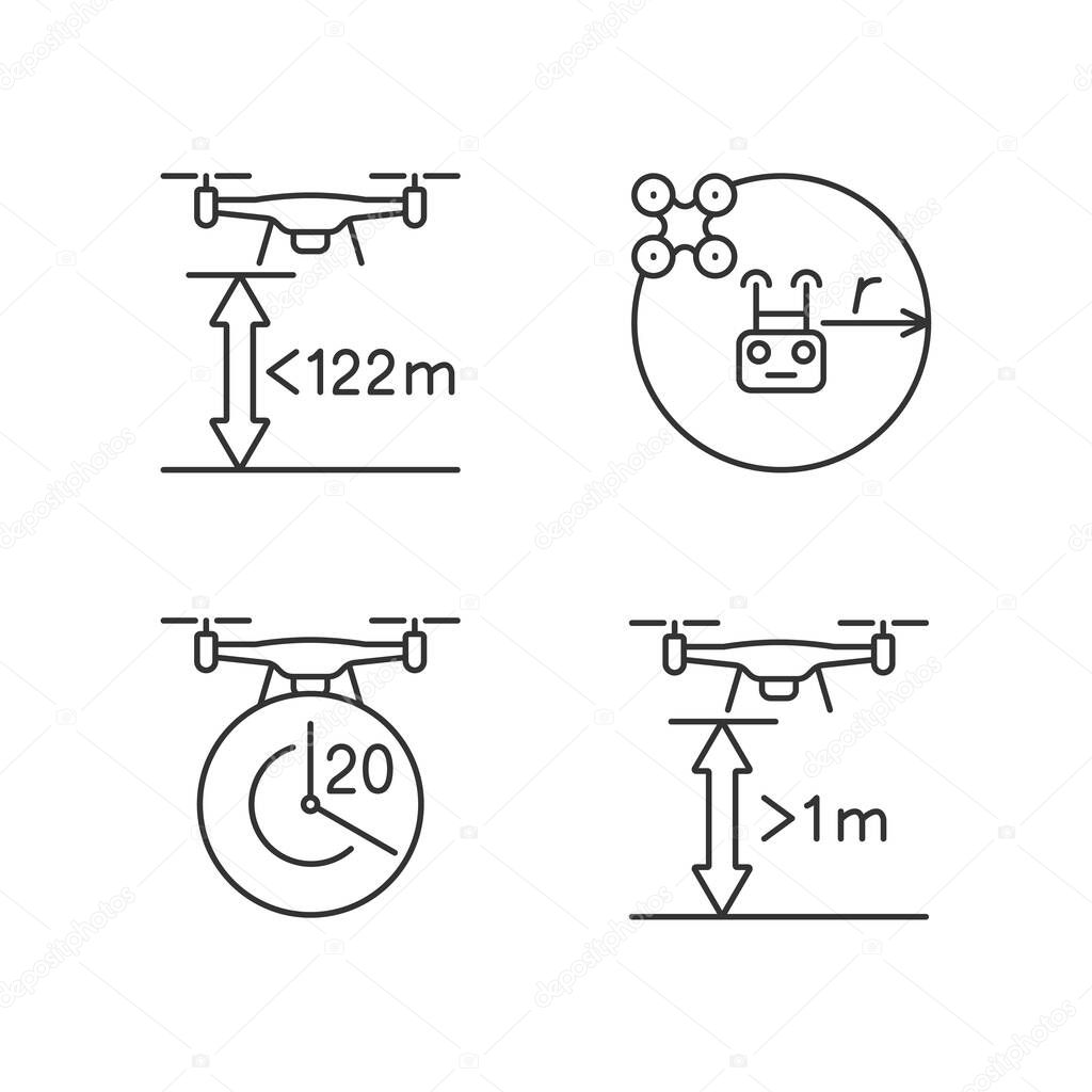 Drone proper control linear manual label icons set. Altitude limit. Customizable thin line contour symbols. Isolated vector outline illustrations for product use instructions. Editable stroke