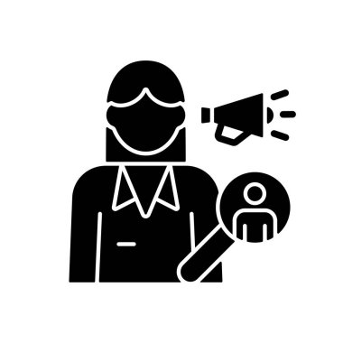 Pazarlama müdürü siyah kabartma simgesi. Ürünleri ve şirket hizmetlerini destekleyin. Reklam kampı gibi. Finanila yönetimi ve kontrolü. Beyaz uzayda siluet sembolü. Vektör izole illüstrasyonu