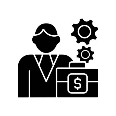 Finans direktörü Black Glyph ikonu. Finansal operasyonları kontrol. Yönetici rolü. Bütçe ve gelirleri denetleyen kişi. Beyaz uzayda siluet sembolü. Vektör izole illüstrasyonu