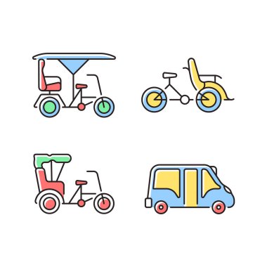 Kiralık RGB renk simgeleri için araç ayarlandı. Bicitaxi. Üç tekerli bisiklet. Turist taşımacılığı. Minibüs. Çin faytonu. İzole vektör çizimleri. Basit çizgi çizimleri koleksiyonu