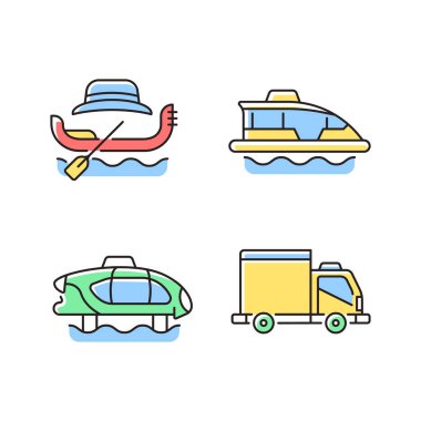 Taksi servisi için ayırtılmış RGB renk simgeleri ayarlandı. Venedik kayığı. Su otobüsü. Elektrikli deniz ulaşımı. Kargo kamyonu. İzole vektör çizimleri. Basit çizgi çizimleri koleksiyonu