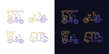 Karanlık ve aydınlık moduna ayarlanmış gradyan simgeleri kiralamak için araç. Minibüs. Turist taşımacılığı. İnce çizgili sembol demetleri. Siyah ve beyaz üzerine izole vektör ana hatları koleksiyonu