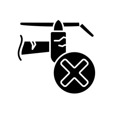 Kırık detaylarla siyah glyph etiket simgesini kullanma. İnsansız hava aracı güvenliği. Hasar kontrolü. Beyaz uzayda siluet sembolü. Ürün kullanma talimatları için vektör izole illüstrasyon