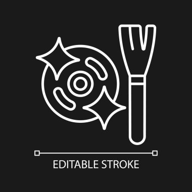 Koyu tema için beyaz doğrusal manuel etiket simgesi kullan. İnce çizgi özelleştirilebilir illüstrasyon. Ürün kullanımı talimatları için gece modu için izole vektör kontur sembolü. Düzenlenebilir vuruş