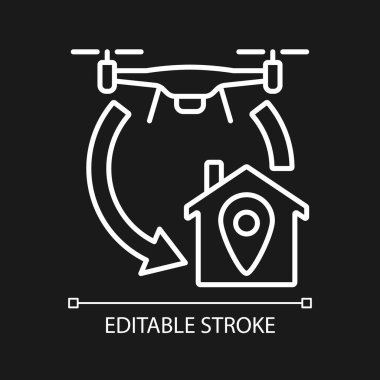 Karanlık tema için ev fonksiyonu beyaz doğrusal etiket simgesine geri dön. İnce çizgi özelleştirilebilir illüstrasyon. Ürün kullanımı talimatları için gece modu için izole vektör kontur sembolü. Düzenlenebilir vuruş