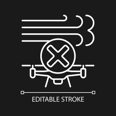 Sert rüzgarlarda uçma. Karanlık tema için beyaz doğrusal kılavuz etiketi simgesi. İnce çizgi özelleştirilebilir illüstrasyon. Ürün kullanımı talimatları için gece modu için izole vektör kontur sembolü. Düzenlenebilir vuruş