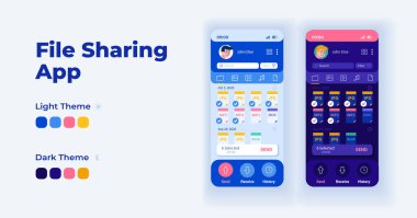 Dosya aktarım uygulaması çizgi film akıllı telefon arayüz vektör şablonları ayarlandı. Mobil uygulama ekran günü ve karanlık mod tasarımı. Uygulama için UI verilerini ve dosyalarını paylaş. Düz karakterli telefon görüntüsü