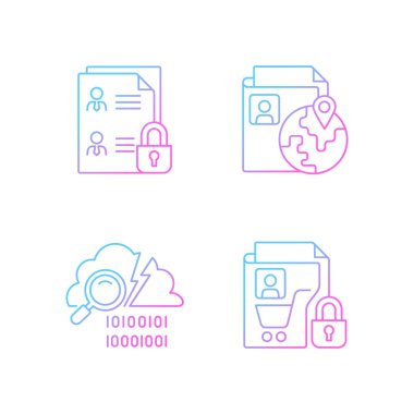 Bilgi güvenliği gradyan doğrusal vektör simgeleri ayarlandı. Çalışan dosyaları. Etnik kökenli. Veri sızıntısı tespit edildi. İnce çizgili sembol demetleri. İzole edilmiş taslak illüstrasyon koleksiyonu