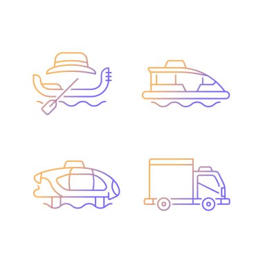 Yer ayırtılmış taksi servisi gradyan doğrusal vektör simgeleri ayarlandı. Venedik kayığı. Su otobüsü. Elektrikli taşıma. Kargo kamyonu. İnce çizgili sembol demetleri. İzole edilmiş taslak illüstrasyon koleksiyonu