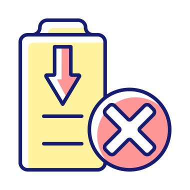 RGB renk etiketi simgesini tamamen boşaltma. İnsansız hava aracı bataryası sağlığını koruyun. Kalıcı hasar riski. İzole vektör çizimi. Ürün kullanma talimatları için basit çizgi çizimi