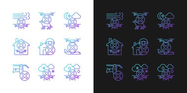 Drone, karanlık ve aydınlık mod için ayarlanmış gradyan el yazısı simgelerini yönetir. İnce çizgili sembol demetleri. Ürün kullanımı talimatları için siyah ve beyaz üzerine izole vektör ana hatları koleksiyonu