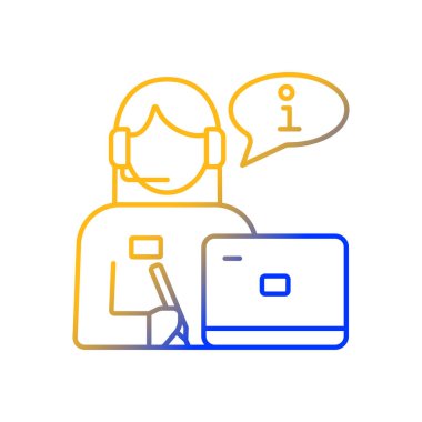 Resepsiyonist gradyan doğrusal vektör simgesi. Misafirleri ve ziyaretçileri selamlıyorum. Telefonlara cevap ver. Lobideki resepsiyon. İnce çizgi renk sembolü. Modern tarz pictogram. Vektör izole çizimi