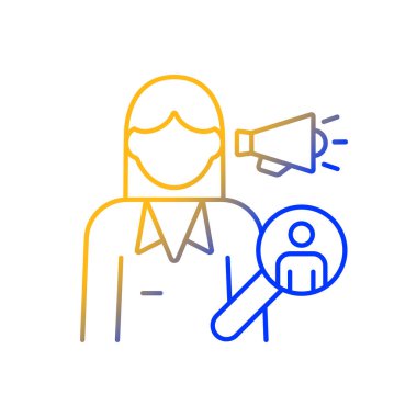 Pazarlama yöneticisi gradyan doğrusal vektör simgesi. Ürünleri, şirket hizmetlerini teşvik etmek. Finanila yönetimi ve kontrolü. İnce çizgi renk sembolü. Modern tarz pictogram. Vektör izole çizimi