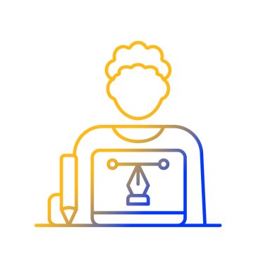 Grafik tasarımcı doğrusal vektör simgesi. Web siteleri, reklamlar yaratıyor. Serbest ve ofis işi. Görsel sanatçı. İnce çizgi renk sembolü. Modern tarz pictogram. Vektör izole çizimi