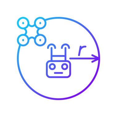 Kontrol uçuş yarıçapı gradyan doğrusal vektör elle etiketleme simgesi. İHA menzili. İnce çizgi renk sembolü. Modern tarz pictogram. Ürün kullanma talimatları için vektör izole çizimi
