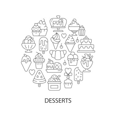 Türlü tatlılar soyut doğrusal konsept çizimi ve başlık. Şeker koleksiyonu minimalist bir fikir. Tatlılar için kafe menüsü. İnce çizgi çizimler. Arkaplan için izole vektör konturu simgeleri
