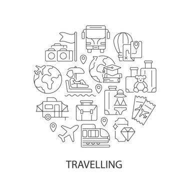 Manşet ile soyut doğrusal konsept seyahat planı. Dünya gezisi. Turistler için uçuş. Turizm minimalist bir fikir. İnce çizgi çizimler. Arkaplan için izole vektör konturu simgeleri