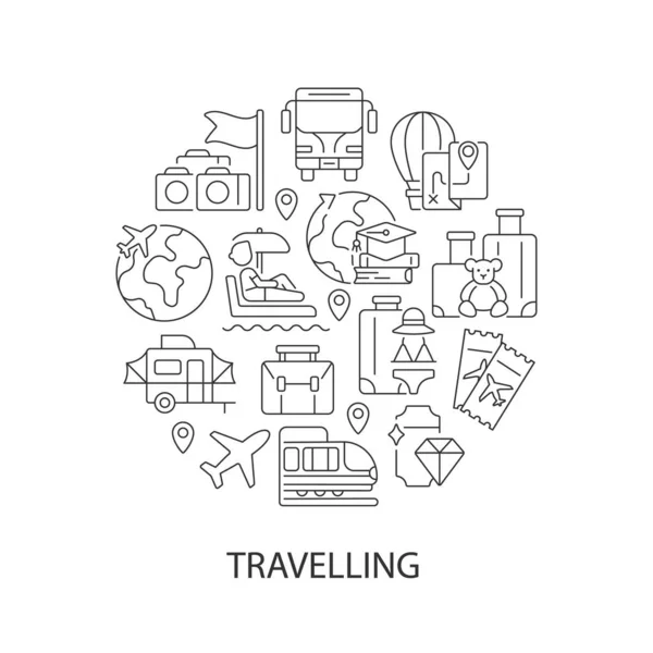 旅行抽象线性概念布局与标题 世界邮轮 给游客的航班 旅游简约的想法 细线图形绘图 背景的孤立向量等高线图标 — 图库矢量图片
