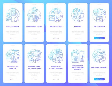Mobil uygulama sayfası setinde doğum izni içeren mavi gradyan. Kavramlarla birlikte 5 aşamalı grafik talimatlar. UI, UX, doğrusal renk çizimleri olan GUI vektör şablonu