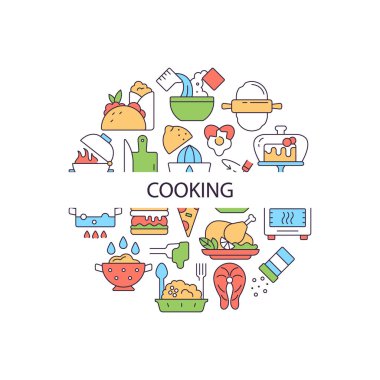 Manşetlerle soyut renk düzeni hazırlamak. Öğle yemeğini malzemelerle hazırlamak için bir tarif. Yemeği servis et. Mutfak yaratıcı fikri. Web arkaplanı için izole edilmiş vektör kontur simgeleri