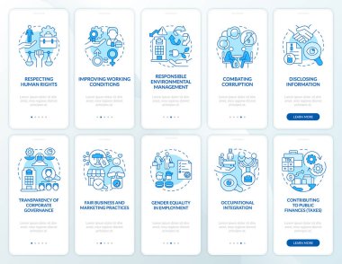 CSR suçu mavi mobil uygulama sayfa ekran seti. İş yerindeki haklar kavramlarla birlikte 5 aşamalı grafik talimatlar. UI, UX, doğrusal renk çizimleri olan GUI vektör şablonu
