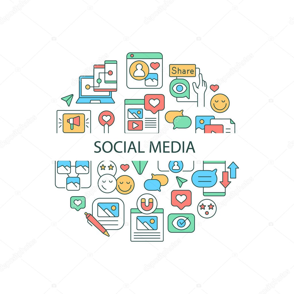 Social media abstract color concept layout with headline. Sharing, liking posts on internet. Digital blog. Online communication creative idea. Isolated vector filled contour icons for web background