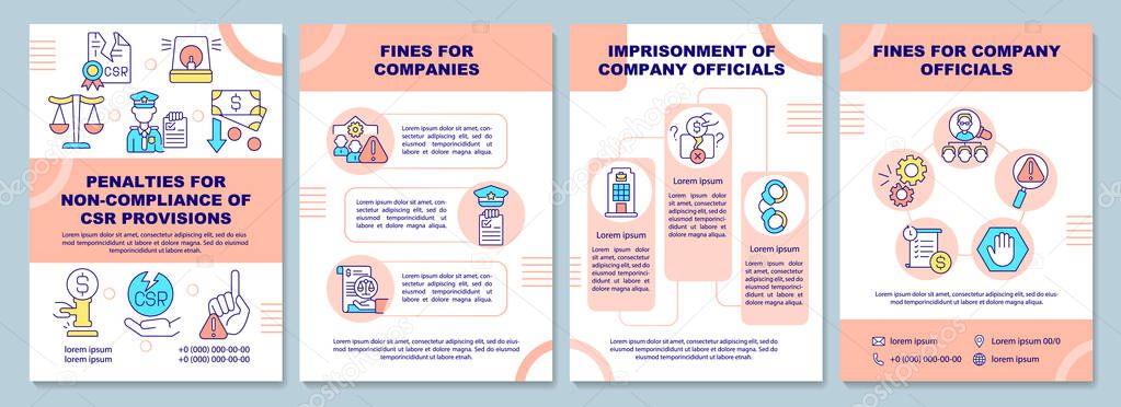 CSR non-compliance penalties brochure template. Breach consequences. Flyer, booklet, leaflet print, cover design with linear icons. Vector layouts for presentation, annual reports, advertisement pages