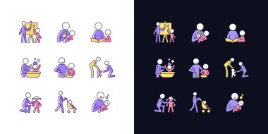 Sorumluluk sahibi ebeveyn aydınlığı ve koyu temalı RGB renk simgeleri ayarlandı. Sanat terapisi. Şişeyle beslenme. Kitap okuyorum. Beyaz ve siyah uzayda izole vektör çizimleri. Basit çizgi çizimleri paketi