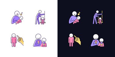 Çocuk bakımı ışığı ve koyu temalı RGB renk simgeleri ayarlandı. Bebeğe şarkı söylemek. Salıncakta sallanıyor. Ceza jesti. Beyaz ve siyah uzayda izole vektör çizimleri. Basit çizgi çizimleri paketi