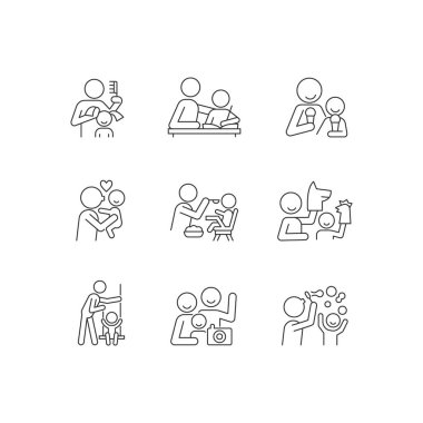 Etkinlik doğrusal simgeleri bağlanıyor. Örgü örgülü saçlar. Ödevlerine yardım et. Öpüşen çocuk. Aile fotoğrafı. Özelleştirilebilir ince çizgi şekilleri. İzole vektör çizimi çizimleri. Düzenlenebilir vuruş