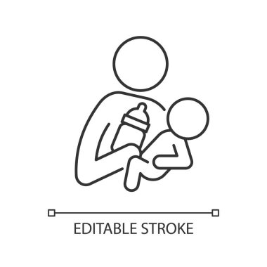 Şişe besleme doğrusal simgesi. Cilt teması. Duygusal yakınlık yarat. Yeni doğmuş anne bağı. İnce çizgi özelleştirilebilir illüstrasyon. Contour sembolü. Vektör izole çizim. Düzenlenebilir vuruş