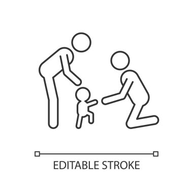 Çocuğa doğrusal simgede yürümeyi öğretiyorum. Bebek ilk adımlar. Çocuk motor gelişimi. Bağlanma aktivitesi. İnce çizgi özelleştirilebilir illüstrasyon. Contour sembolü. Vektör izole çizim. Düzenlenebilir vuruş
