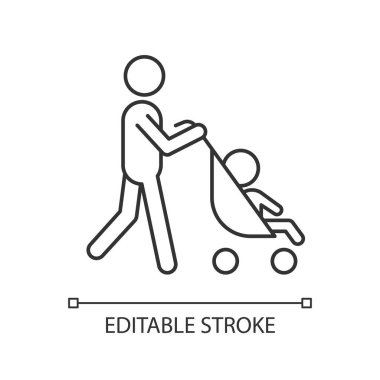 Bebek arabasının doğrusal simgesiyle yürüyorum. Yenidoğan ile erken yakınlaşma zamanı. Bebek arabasıyla yürü. İnce çizgi özelleştirilebilir illüstrasyon. Contour sembolü. Vektör izole çizim. Düzenlenebilir vuruş