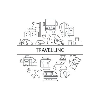 Manşet ile soyut doğrusal konsept seyahat planı. Rahatlamak için bir gezi. Turistler için uçuş. Turizm minimalist bir fikir. İnce çizgi çizimler. Arkaplan için izole vektör konturu simgeleri