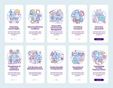 CSR ile ilgili mobil uygulama sayfa ekran seti. İş yerindeki haklar kavramlarla birlikte 5 aşamalı grafik talimatlar. UI, UX, doğrusal renk çizimleri olan GUI vektör şablonu