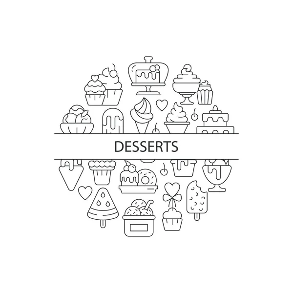 分类的甜点抽象线性概念布局与标题 糖果收集简约的想法 咖啡菜单上的甜点 细线图形绘图 背景的孤立向量等高线图标 — 图库矢量图片