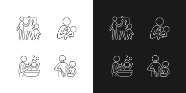 Ebeveyn-çocuk bağlayıcı doğrusal simgeler karanlık ve aydınlık mod için ayarlandı. Birlikte resim yapmak. Şişeyle beslenme. Banyo yapan çocuk. Özelleştirilebilir ince çizgi sembolleri. İzole vektör çizimi çizimleri. Düzenlenebilir vuruş