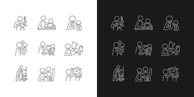Etkinlik simgeleri karanlık ve aydınlık moduna ayarlanıyor. Örgü örgülü saçlar. Ödevlerine yardım et. Öpüşen çocuk. Özelleştirilebilir ince çizgi sembolleri. İzole vektör çizimi çizimleri. Düzenlenebilir vuruş
