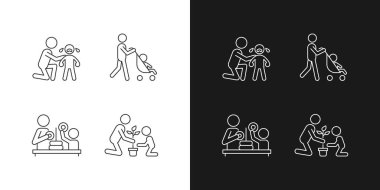 Karanlık ve aydınlık mod için ebeveyn katılımı doğrusal simgeleri ayarlandı. Rahatlatıcı ağlayan çocuk. Bebek arabasıyla yürüyorum. Özelleştirilebilir ince çizgi sembolleri. İzole vektör çizimi çizimleri. Düzenlenebilir vuruş