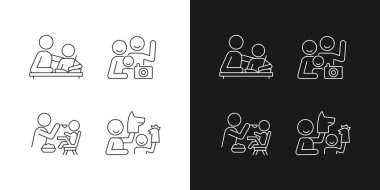 Etkili ebeveynlik tarzı doğrusal simgeler karanlık ve aydınlık moduna ayarlandı. Ev ödevlerine yardım ediyorum. Aile fotoğrafı. Özelleştirilebilir ince çizgi sembolleri. İzole vektör çizimi çizimleri. Düzenlenebilir vuruş