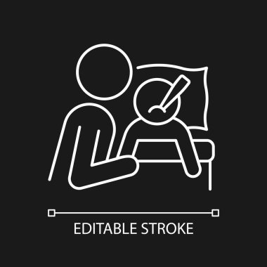 Karanlık tema için hasta çocuk beyaz doğrusal ikona bakıyorum. Derin bir duygusal bağ kuruyor. İnce çizgi özelleştirilebilir illüstrasyon. Gece modu için izole vektör kontur sembolü. Düzenlenebilir vuruş