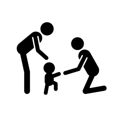 Çocuğa siyah simge simgesinde yürümeyi öğretiyorum. Bebek ilk adımlar. Ebeveynlerin aktif olarak cesaretlendirilmesi. Çocuk motor gelişimi. Bağlanma aktivitesi. Beyaz uzayda siluet sembolü. Vektör izole illüstrasyonu