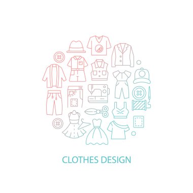 Elbise dikmek soyut gradyan doğrusal konsept ve başlık. Tasarımcı kıyafetlerle çalışır. Needlecraft minimalist bir fikir. İnce çizgi çizimler. Arkaplan için izole vektör konturu simgeleri