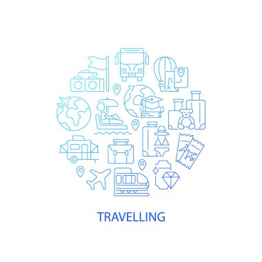 Manşet ile soyut gradyan doğrusal konsept seyahat. Dünya gezisi. Eğlence seyahati. Turizm minimalist bir fikir. İnce çizgi çizimler. Arkaplan için izole vektör konturu simgeleri
