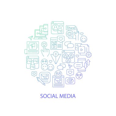 Sosyal medya soyut gradyan doğrusal konsept çizimi ve başlık. Dijital blog. Çevrimiçi iletişim minimalist fikri. İnce çizgi çizimler. Arkaplan için izole vektör konturu simgeleri