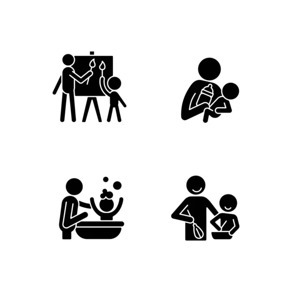 父母与子女之间的亲子关系 在白色的空间上设置了黑色的字形图标 一起画画 水壶喂食给孩子洗澡烹饪课 皮肤对皮肤的接触 轮廓符号 矢量孤立的说明 — 图库矢量图片